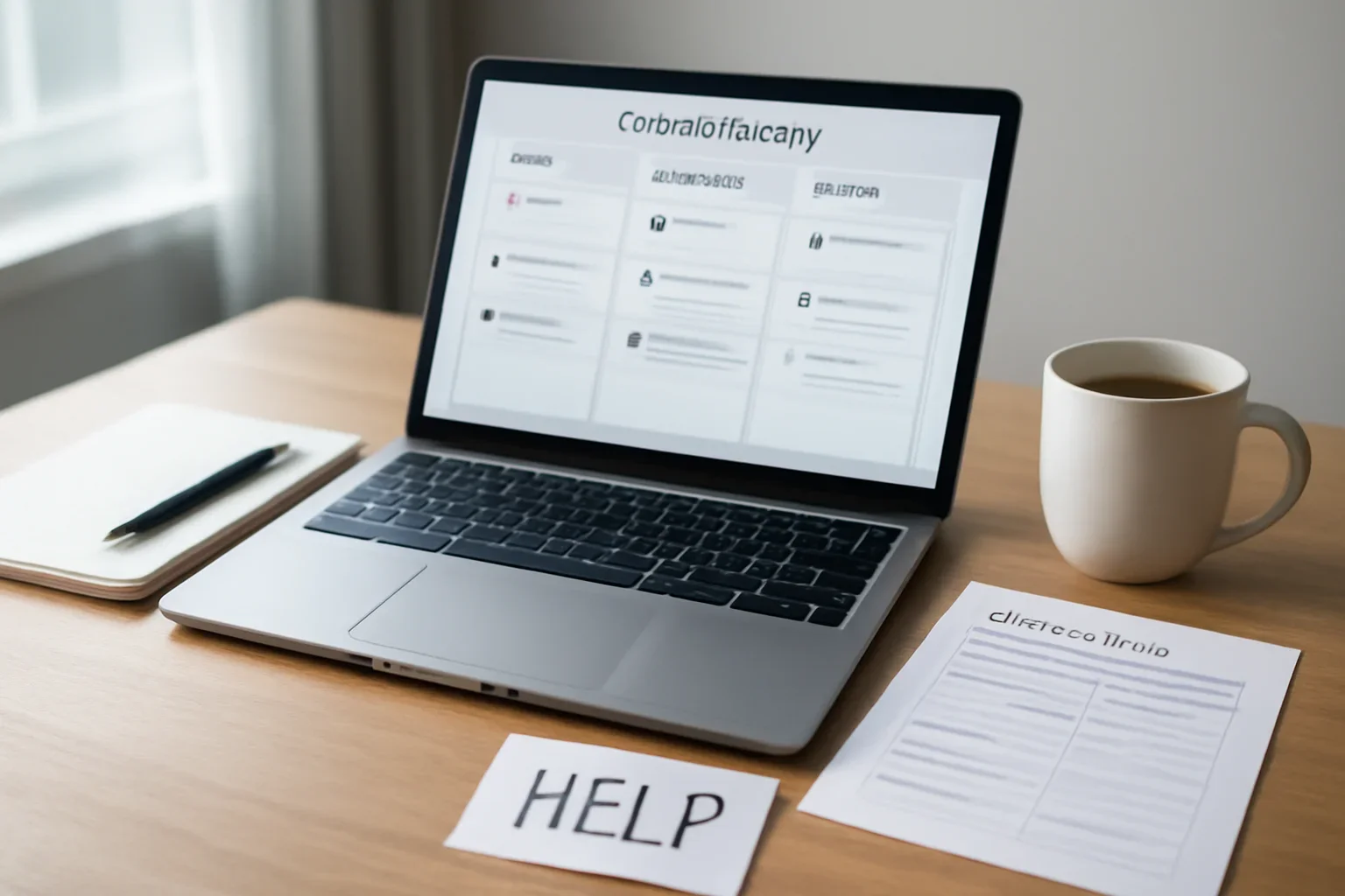 Support hero image showing customer support desk with laptop, issue tracker, and help notes