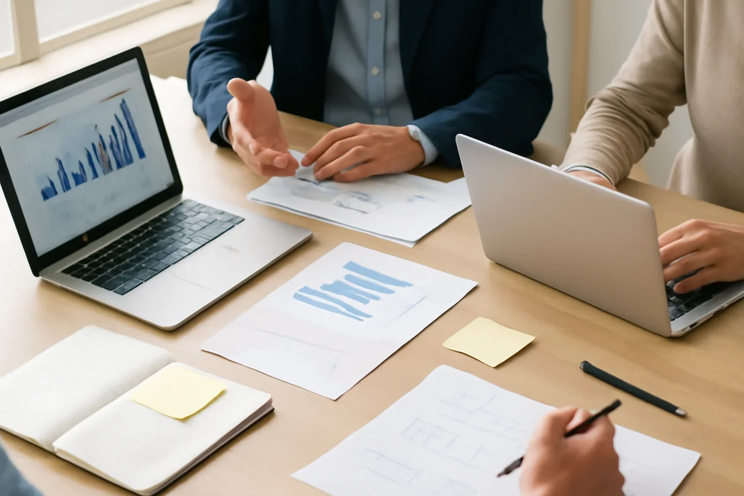 Technology hero image showing editorial workspace focused on platform shifts, product launches, enterprise software, digital infrastructure, and the people building them, with laptops, notes, and clean magazine-style composition