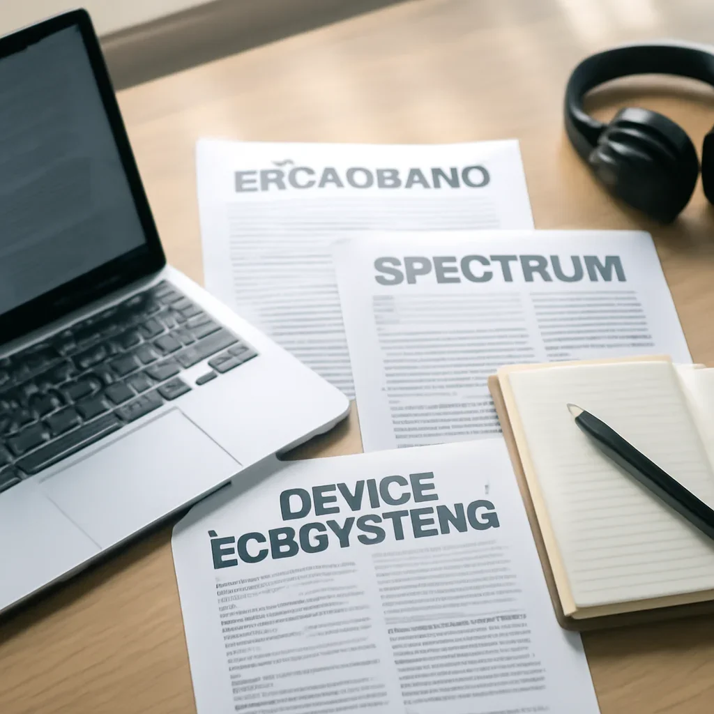 Call-to-action image for Telecom News featuring editorial workspace focused on broadband, spectrum, carriers, device ecosystems, and the regulation that shapes connectivity, with laptops, notes, and clean magazine-style composition