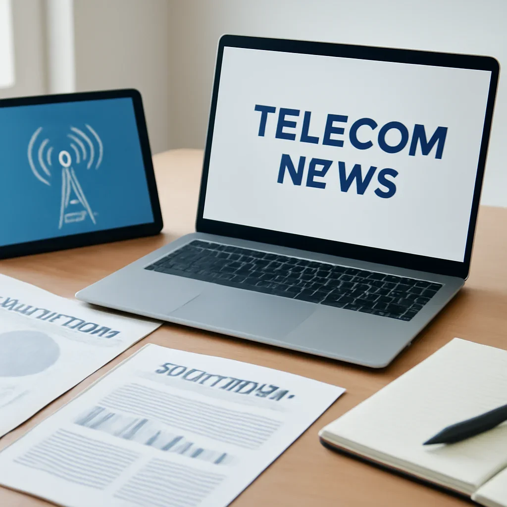 Context image for Telecom News featuring editorial workspace focused on broadband, spectrum, carriers, device ecosystems, and the regulation that shapes connectivity, with laptops, notes, and clean magazine-style composition
