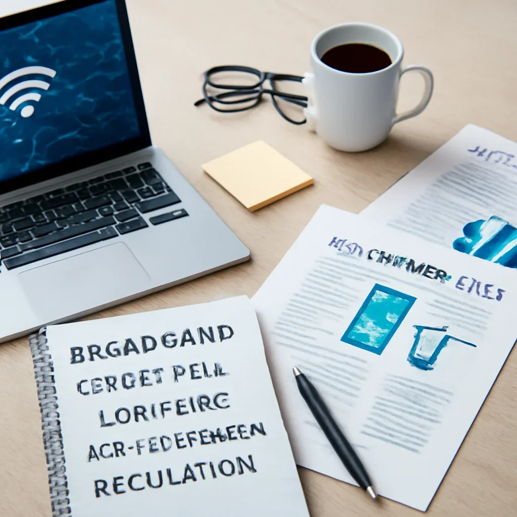 Supporting editorial image for Telecom News showing editorial workspace focused on broadband, spectrum, carriers, device ecosystems, and the regulation that shapes connectivity, with laptops, notes, and clean magazine-style composition
