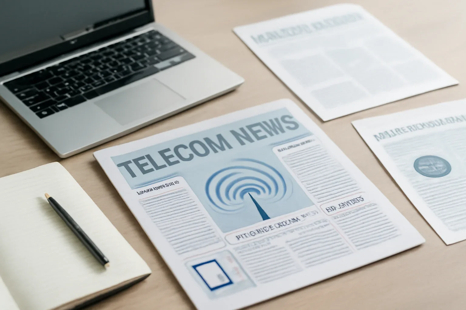 Telecom News hero image showing editorial workspace focused on broadband, spectrum, carriers, device ecosystems, and the regulation that shapes connectivity, with laptops, notes, and clean magazine-style composition
