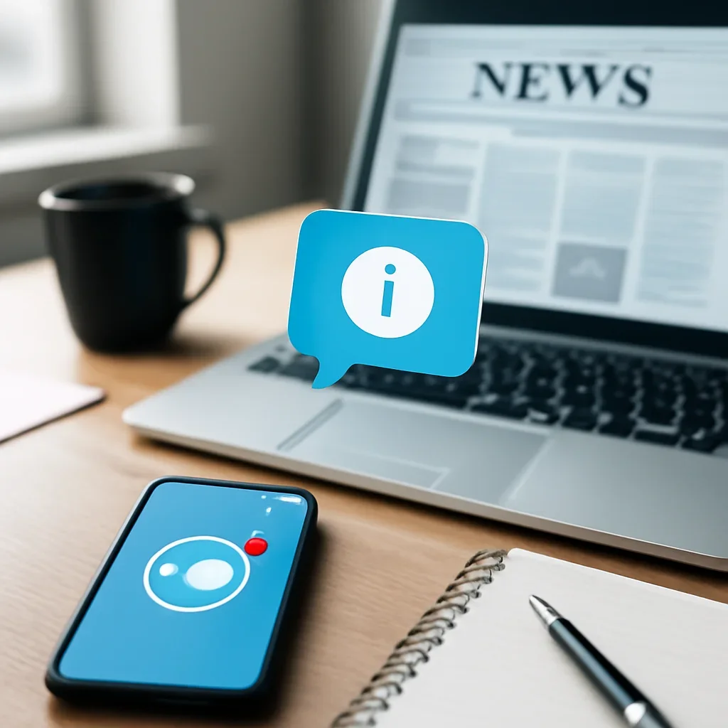 Call-to-action image for Telegram Updates featuring messaging update desk with phone alerts, laptop, and fast news workflow