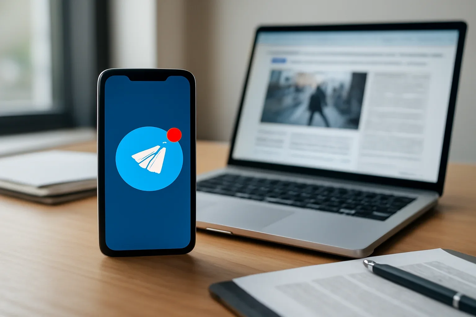 Telegram Updates hero image showing messaging update desk with phone alerts, laptop, and fast news workflow