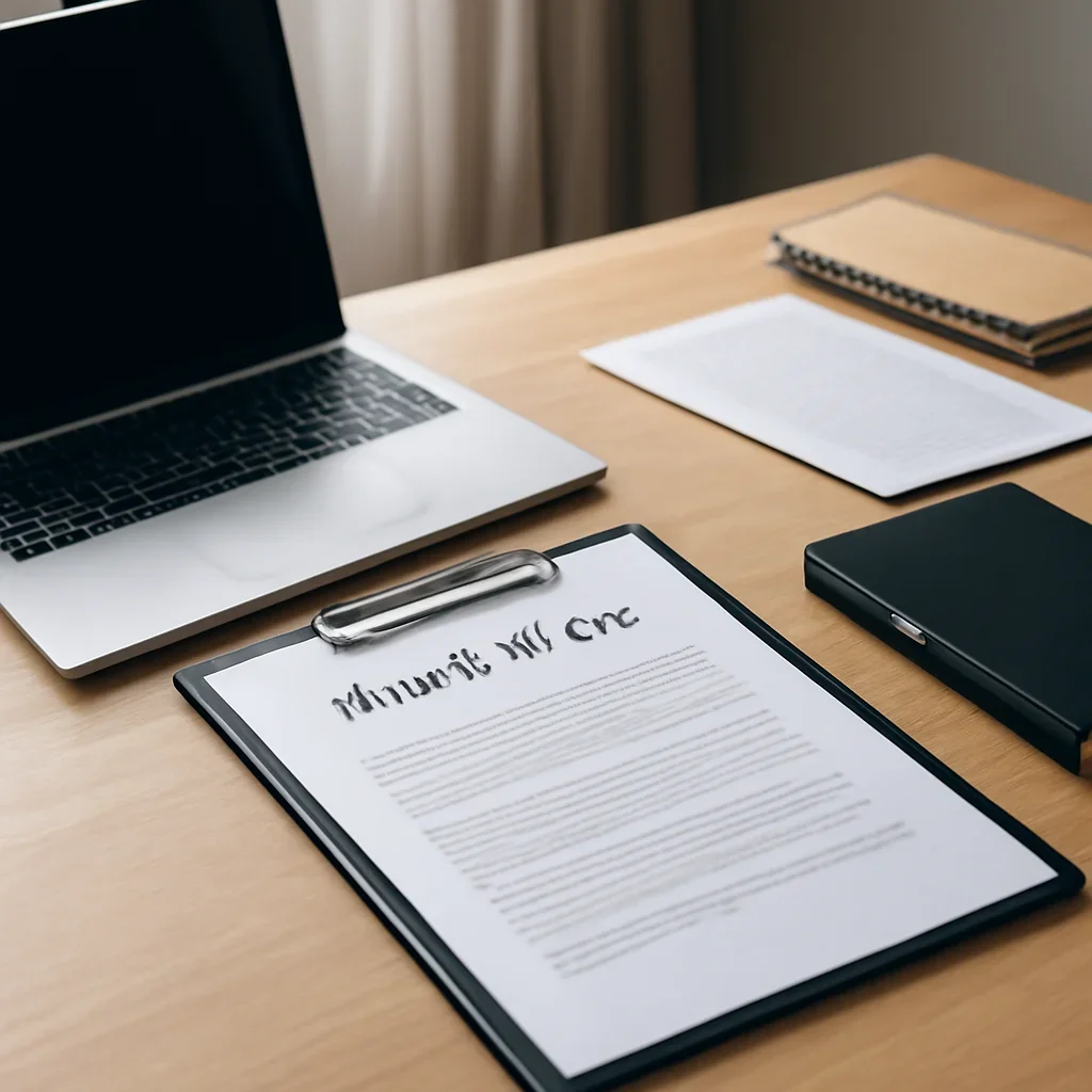Call-to-action image for Terms of Use featuring site policy desk with terms documents, laptop, and neatly arranged legal notes