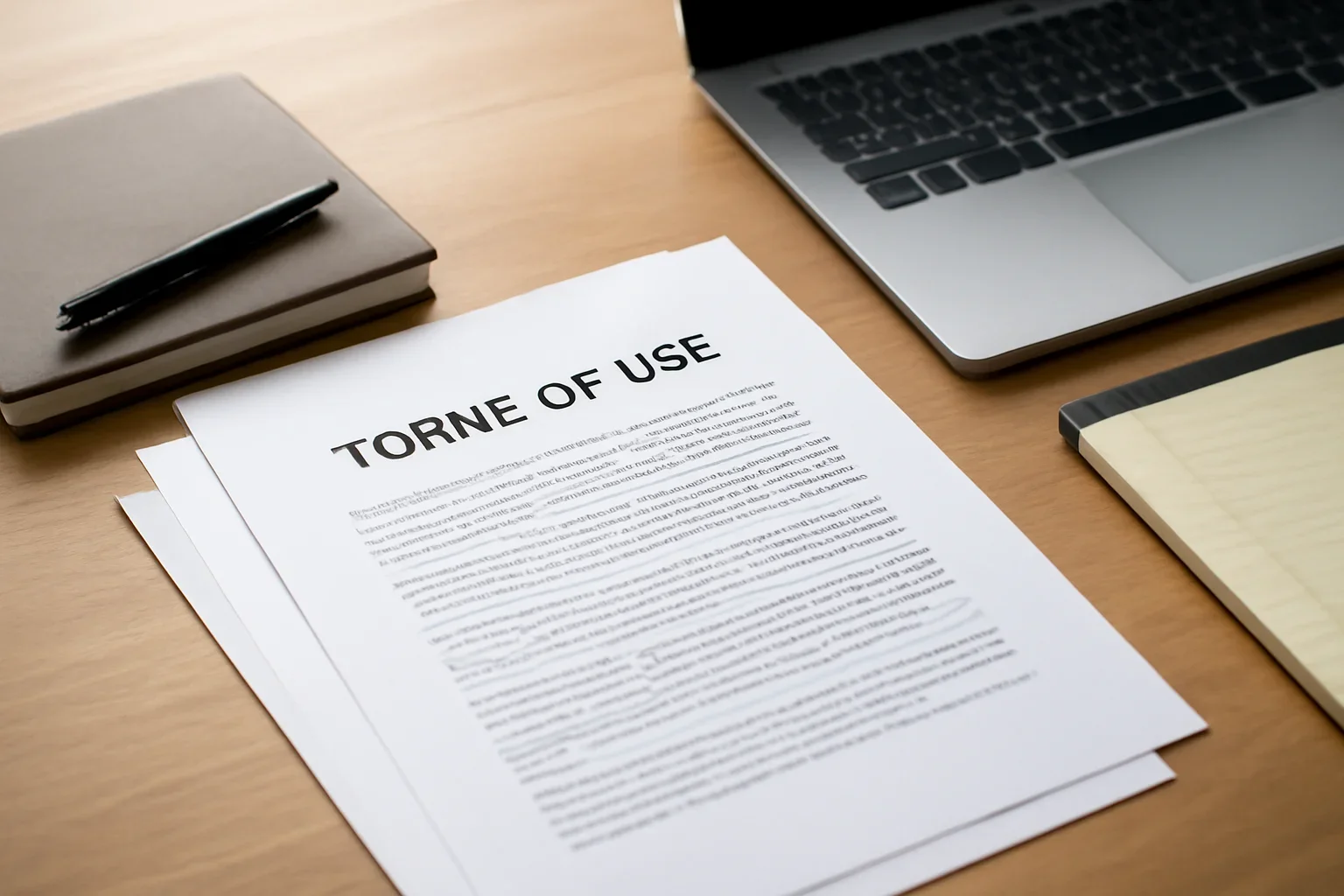 Terms of Use hero image showing site policy desk with terms documents, laptop, and neatly arranged legal notes