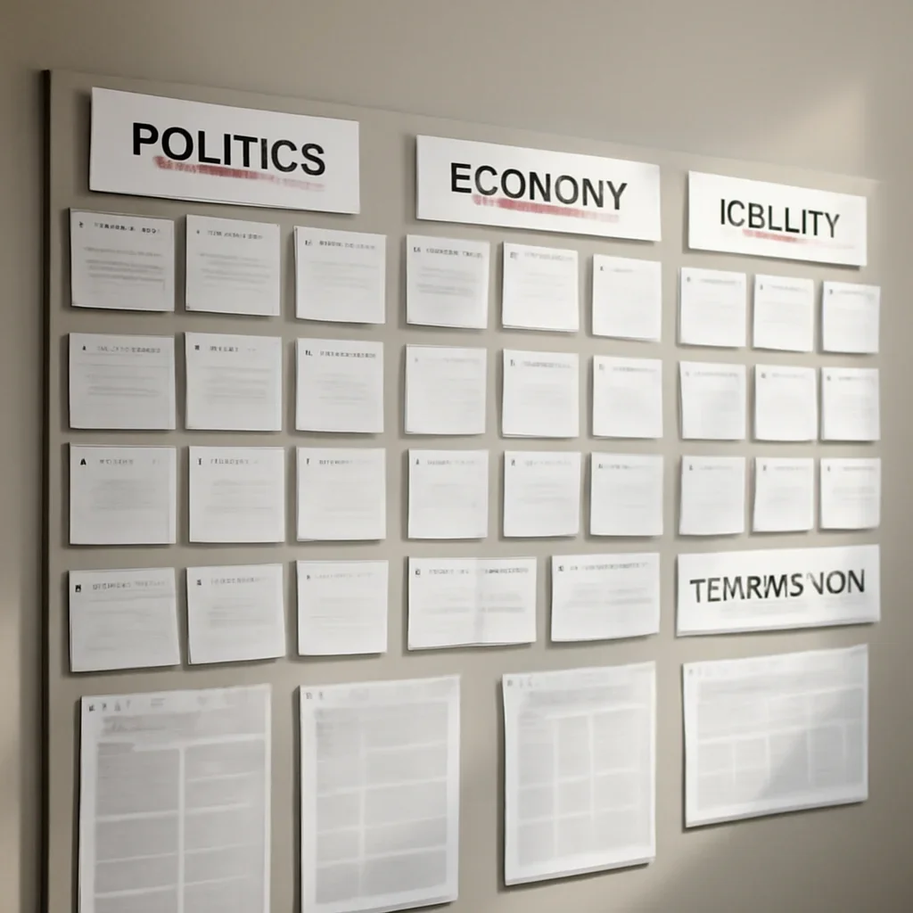 Call-to-action image for Topics featuring organized newsroom wall of topic cards, section labels, and editorial planning documents