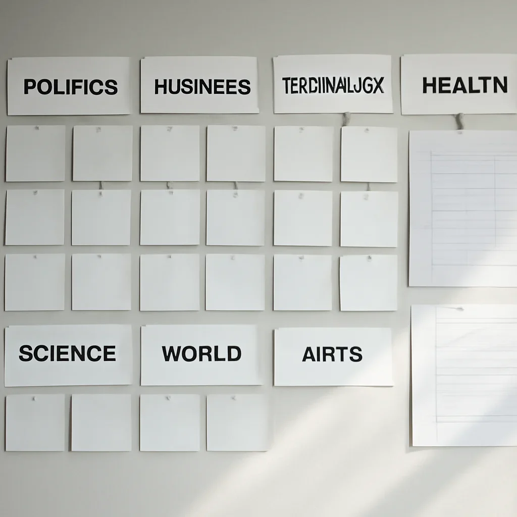 Context image for Topics featuring organized newsroom wall of topic cards, section labels, and editorial planning documents