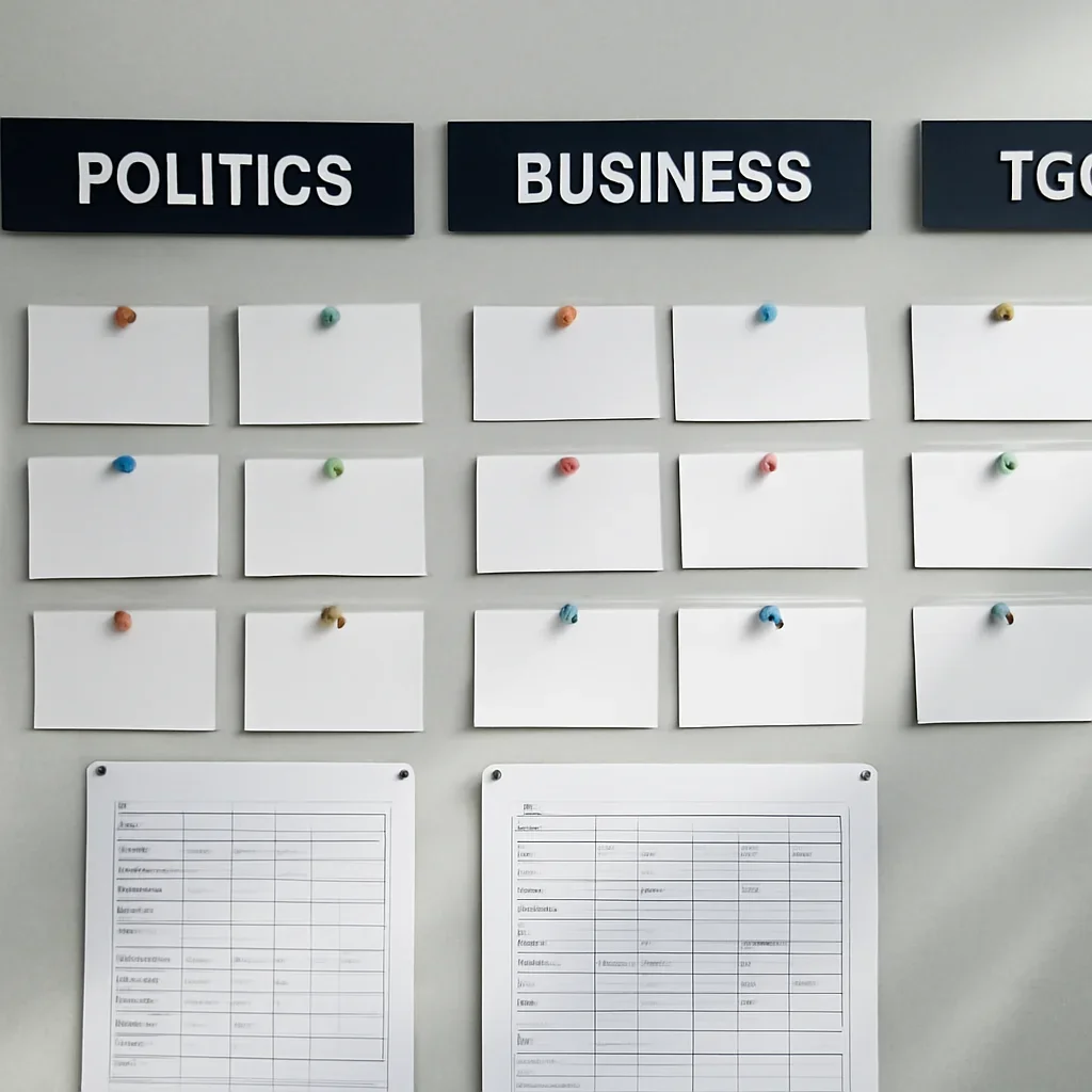 Supporting editorial image for Topics showing organized newsroom wall of topic cards, section labels, and editorial planning documents