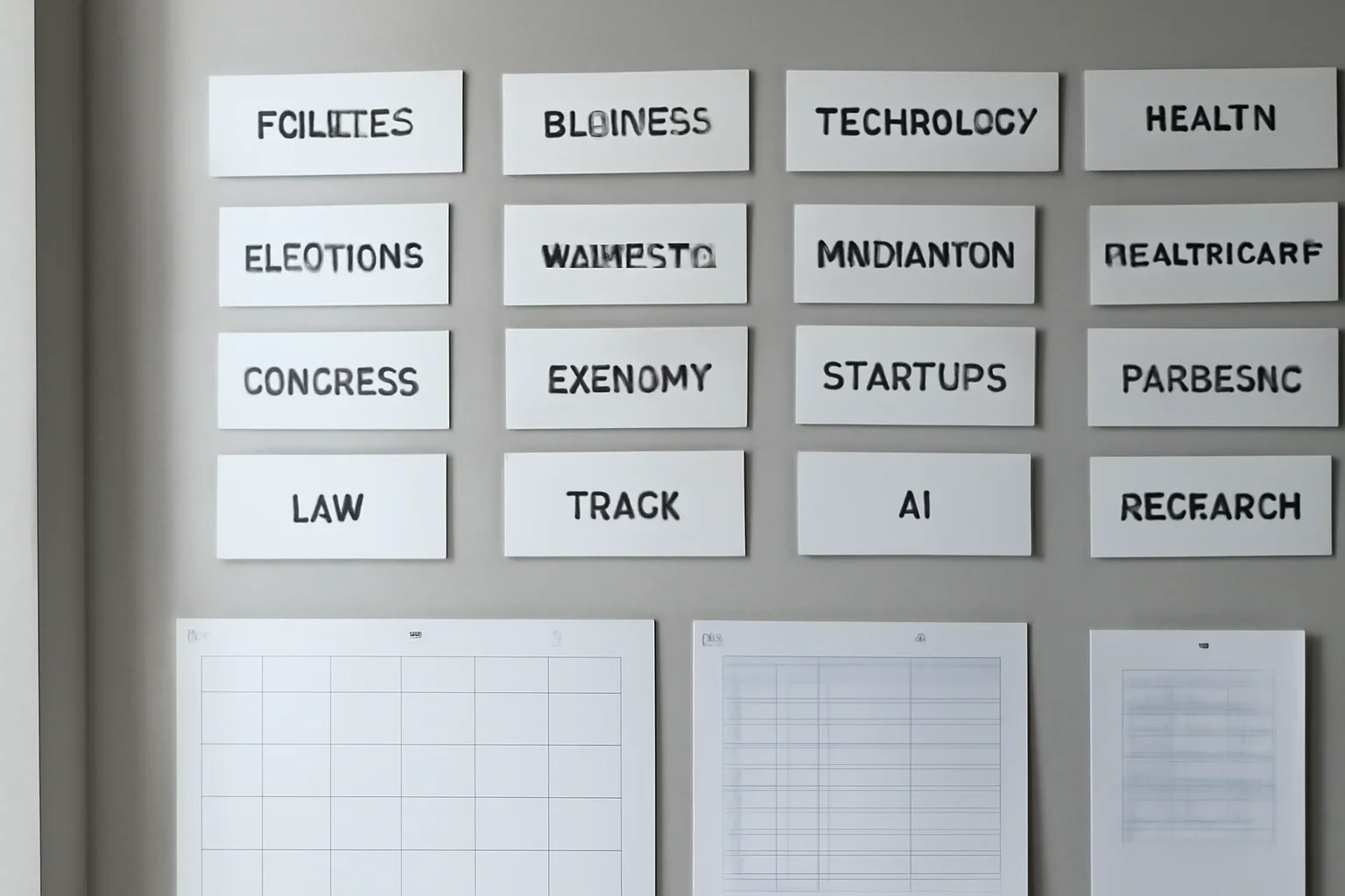 Topics hero image showing organized newsroom wall of topic cards, section labels, and editorial planning documents