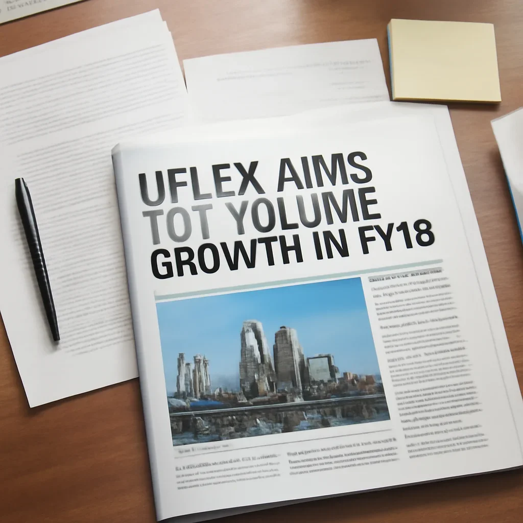 Call-to-action image for UFlex aims 15% volume growth in FY18 featuring archived editorial materials related to uflex aims 15% volume growth in fy18, with documents, notes, and a magazine-style desk