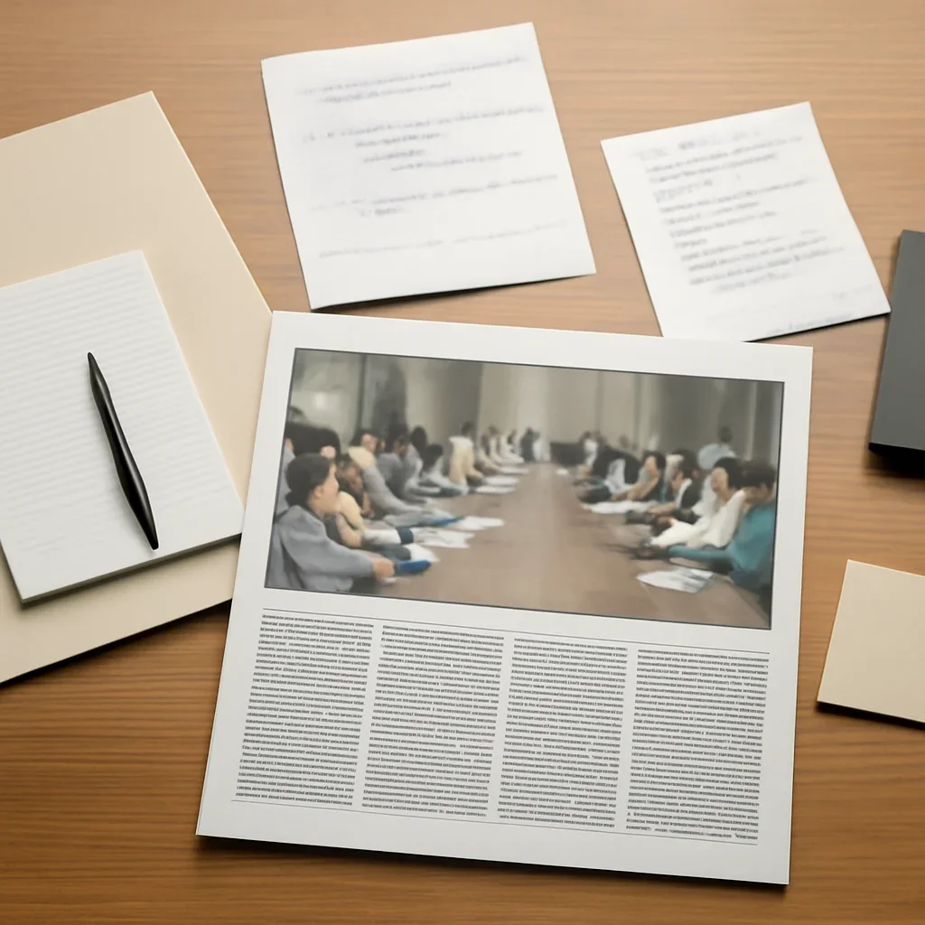 Supporting editorial image for Uttar Pradesh Group of Ministers meet to draft new industrial policy showing archived editorial materials related to uttar pradesh group of ministers meet to draft new industrial policy, with documents, notes, and a magazine-style desk