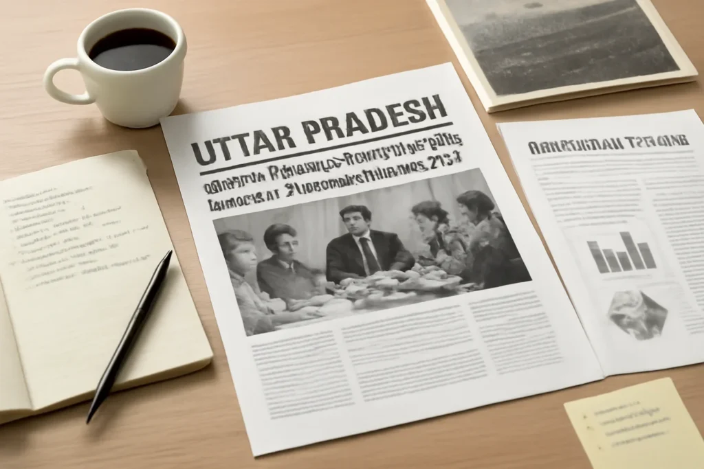 Uttar Pradesh Group of Ministers meet to draft new industrial policy hero image showing archived editorial materials related to uttar pradesh group of ministers meet to draft new industrial policy, with documents, notes, and a magazine-style desk