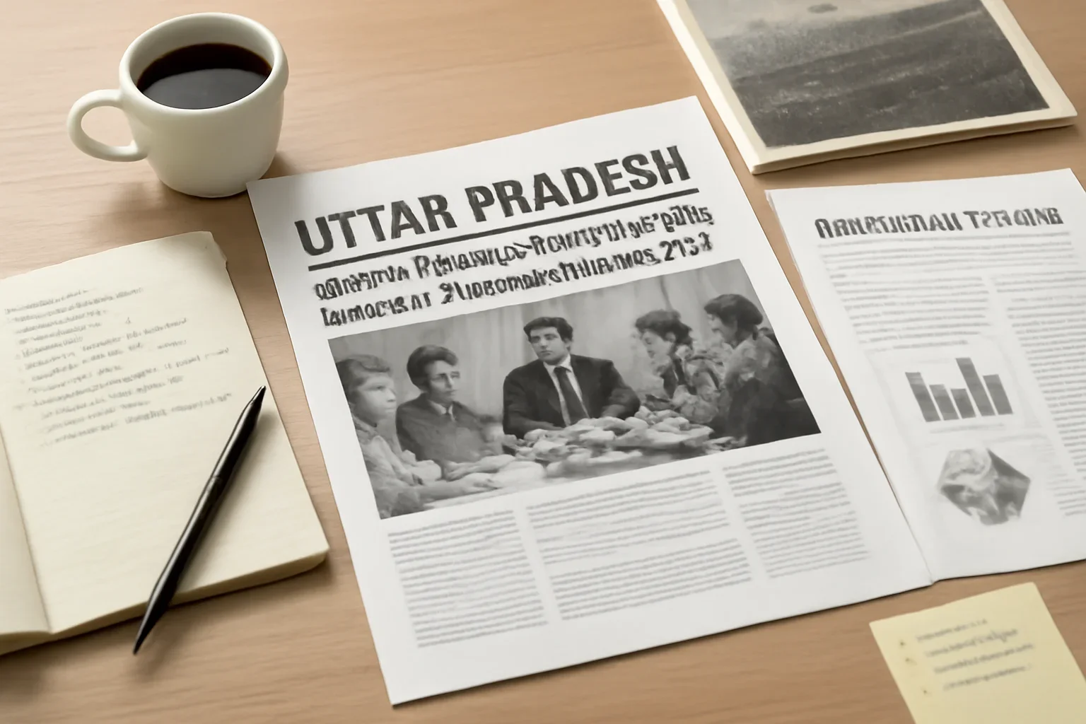 Uttar Pradesh Group of Ministers meet to draft new industrial policy hero image showing archived editorial materials related to uttar pradesh group of ministers meet to draft new industrial policy, with documents, notes, and a magazine-style desk
