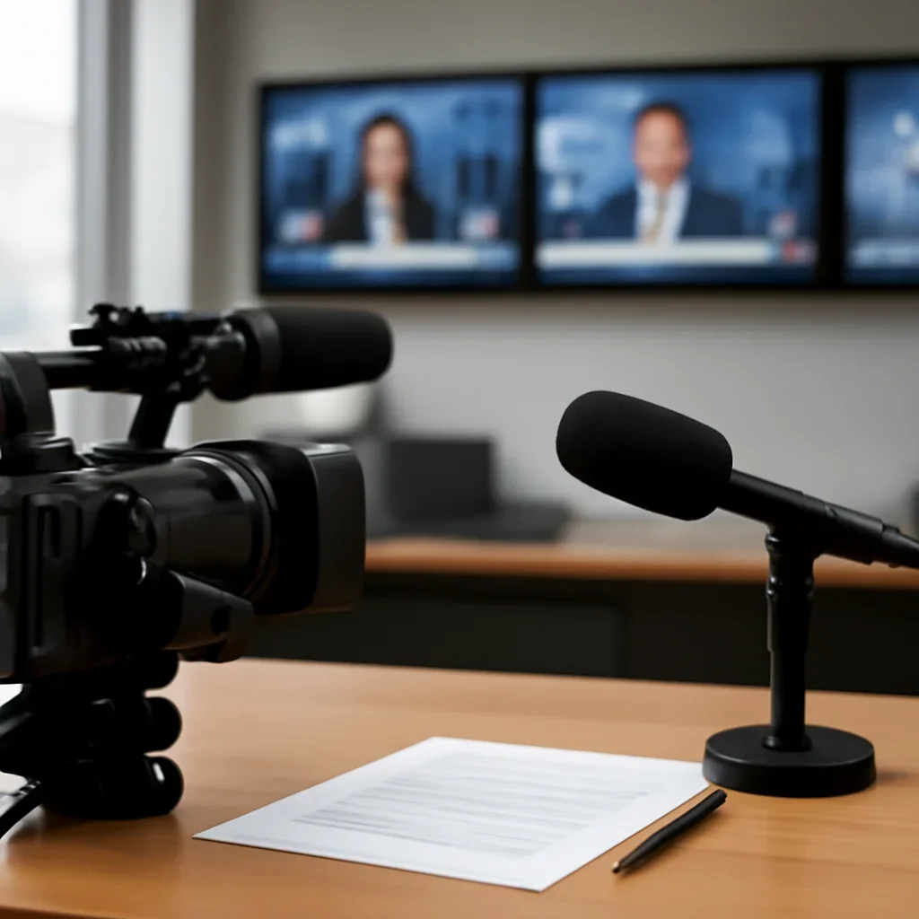 Call-to-action image for Videos featuring video production desk with camera, microphone, script notes, and newsroom monitors