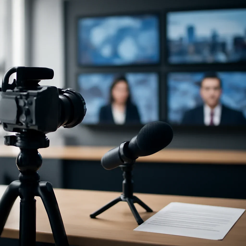 Context image for Videos featuring video production desk with camera, microphone, script notes, and newsroom monitors