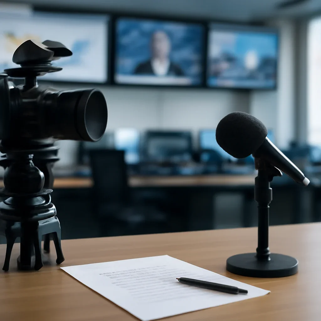 Supporting editorial image for Videos showing video production desk with camera, microphone, script notes, and newsroom monitors