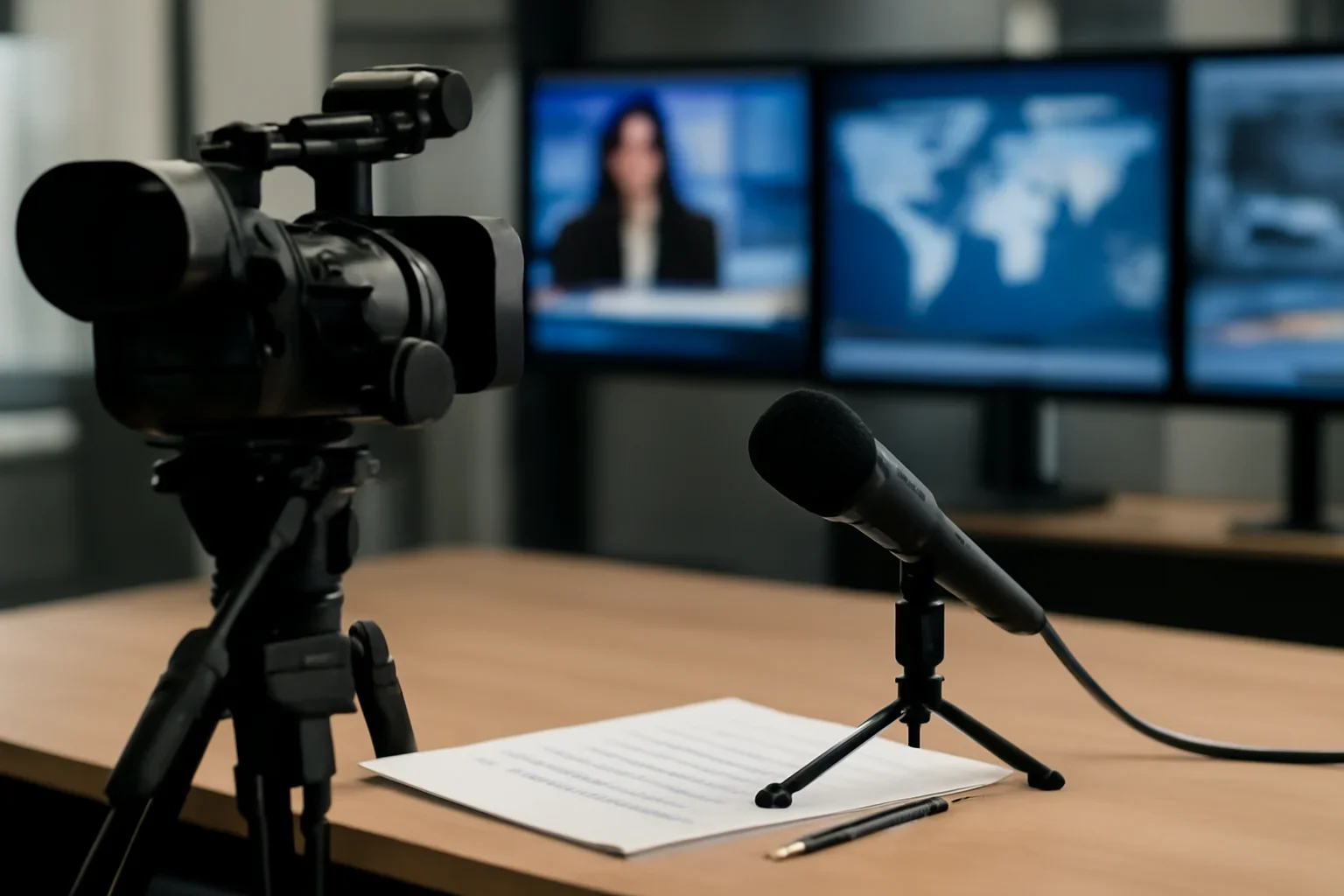 Videos hero image showing video production desk with camera, microphone, script notes, and newsroom monitors