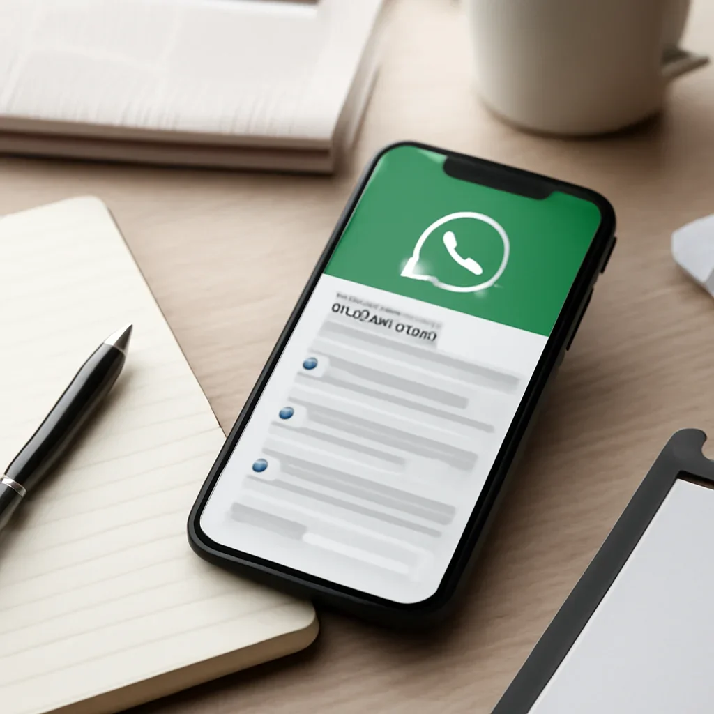 Call-to-action image for WhatsApp Channel featuring smartphone message channel with headline alerts, notebook, and newsroom desk items