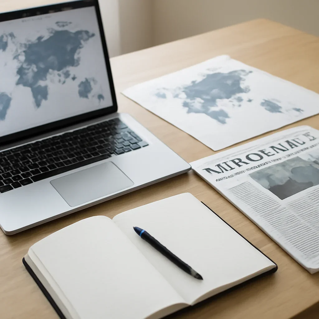 Call-to-action image for World News featuring editorial workspace focused on geopolitics, regional developments, diplomacy, and global events that carry business and policy consequences, with laptops, notes, and clean magazine-style composition