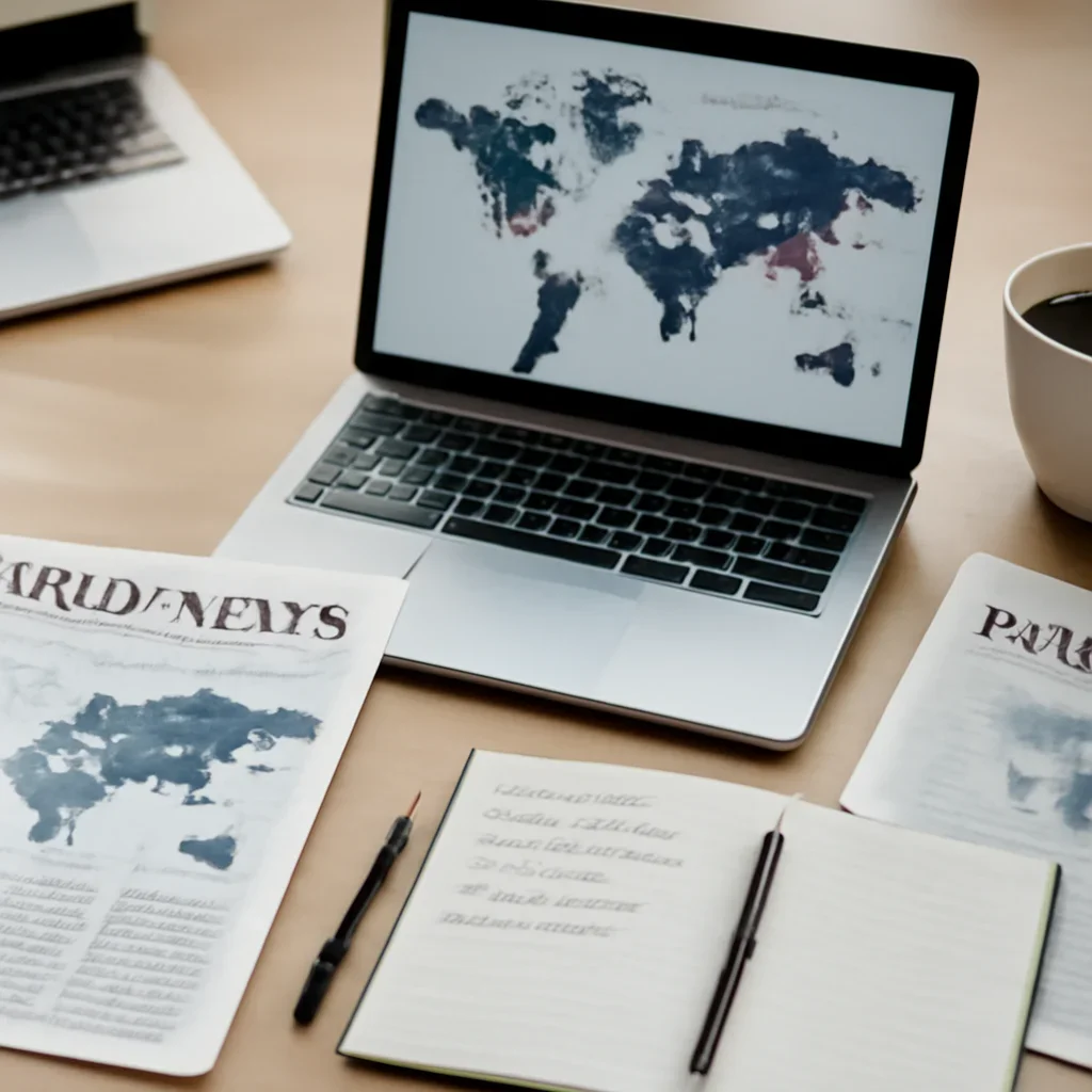 Context image for World News featuring editorial workspace focused on geopolitics, regional developments, diplomacy, and global events that carry business and policy consequences, with laptops, notes, and clean magazine-style composition