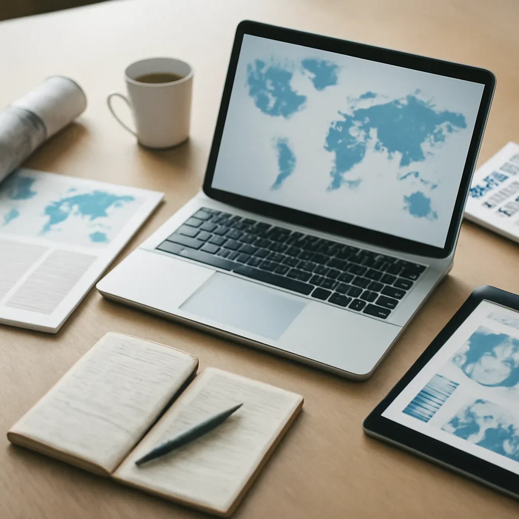 Supporting editorial image for World News showing editorial workspace focused on geopolitics, regional developments, diplomacy, and global events that carry business and policy consequences, with laptops, notes, and clean magazine-style composition