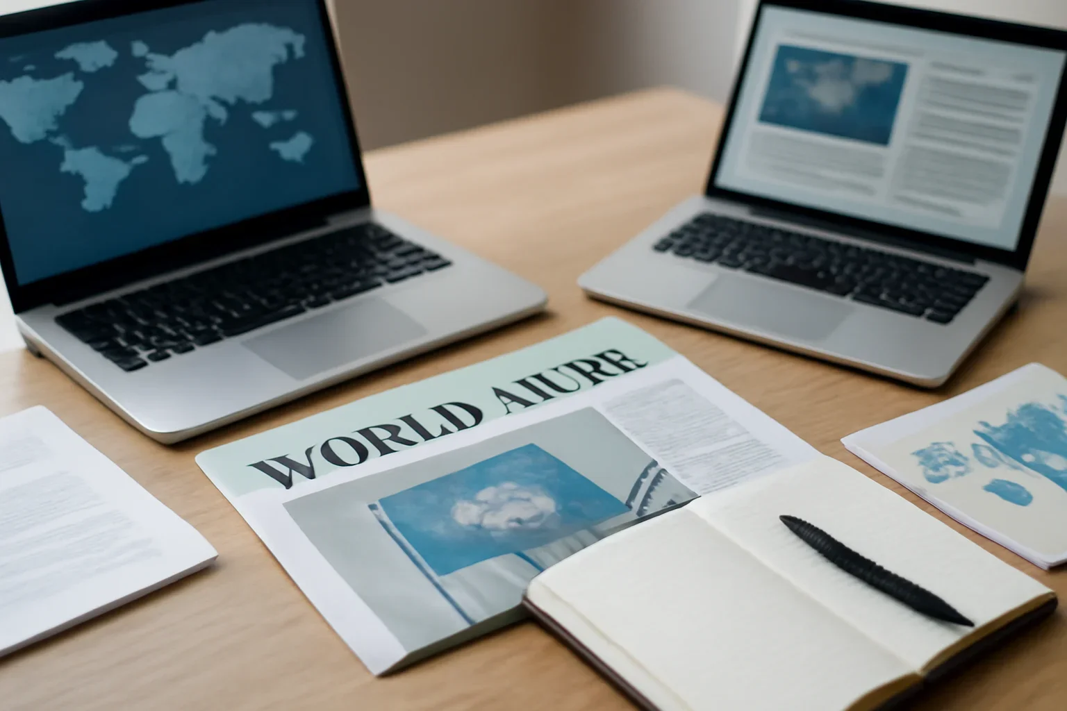 World News hero image showing editorial workspace focused on geopolitics, regional developments, diplomacy, and global events that carry business and policy consequences, with laptops, notes, and clean magazine-style composition