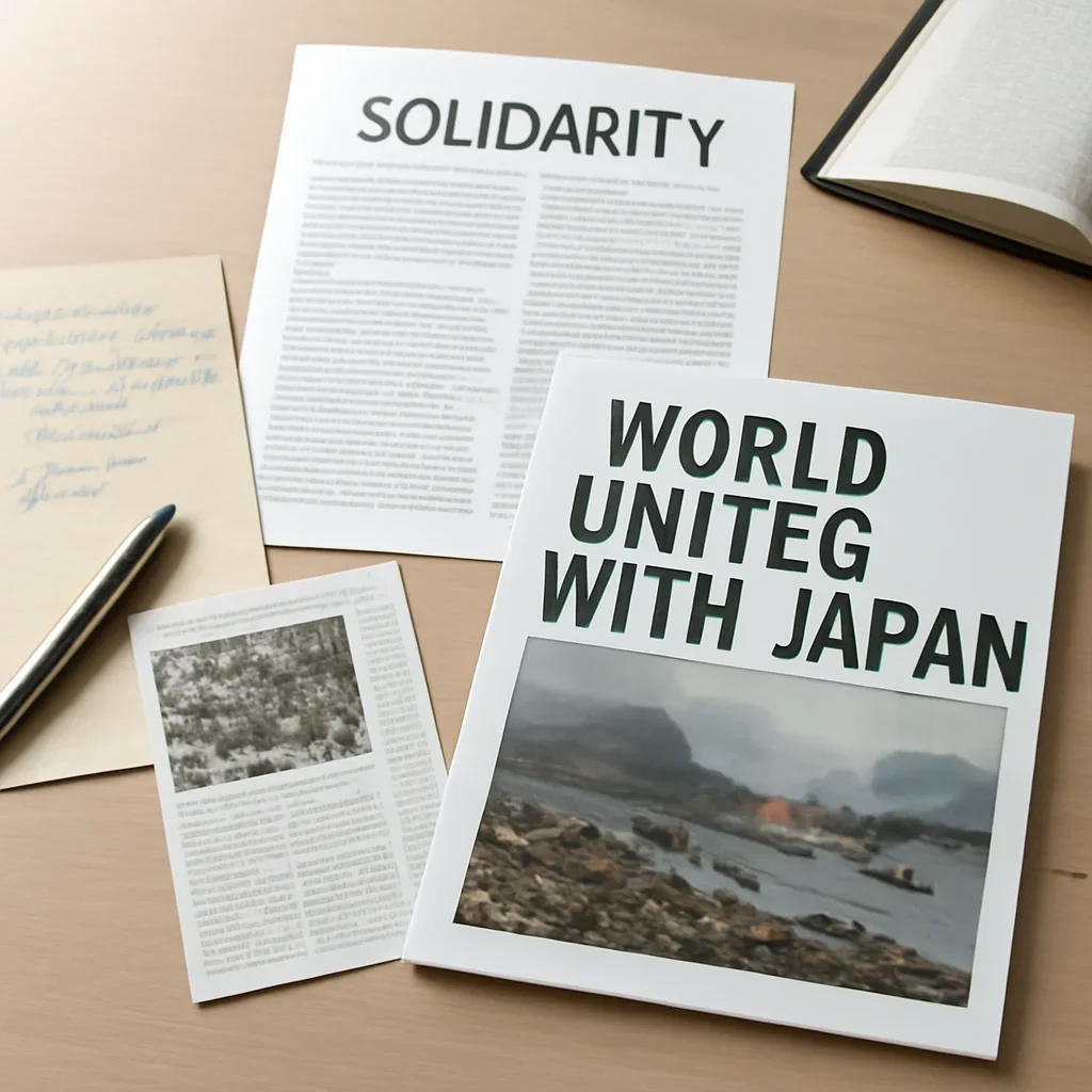 Supporting editorial image for World unites with Japan: solidarity in wake of disaster showing archived editorial materials related to world unites with japan: solidarity in wake of disaster, with documents, notes, and a magazine-style desk